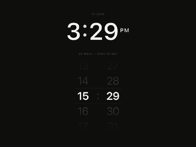 Screenshot of the 24to12 web app showing a 12-hour time display above a draggable 24-hour time picker
