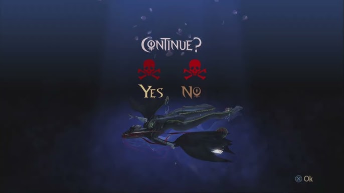 "Game Over" screen from Bayonetta (© PlatinumGames / SEGA). Used under fair use for commentary.